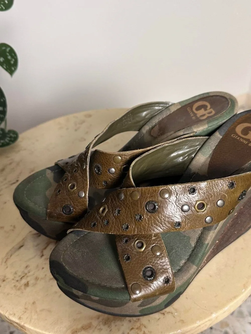Vintage early 2000s studded detail wedge platform camo heels